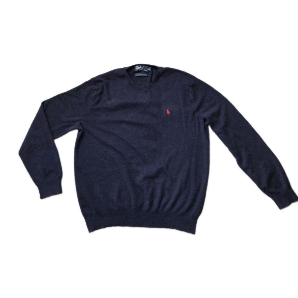 Polo Ralph Lauren Navy Blue Pima Cotton Crewneck Sweater Red Pony Mens L GUC